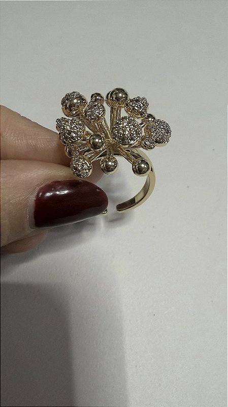 Anel Esferas Cravejadas Zircônias Dourado Ajustável