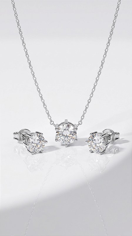 Conjunto Pedra PP Moissanite 1.6ct/0.8ct Ponto de Luz 6 Pontas Prata 925