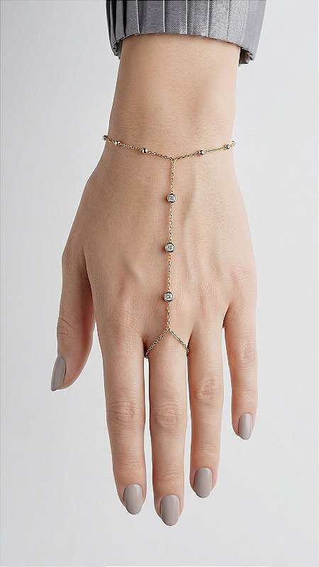 Pulseira de Mão Hand Chain Zircônias Aço Dourada