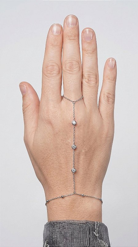 Pulseira de Mão Hand Chain Zircônias Aço Prata