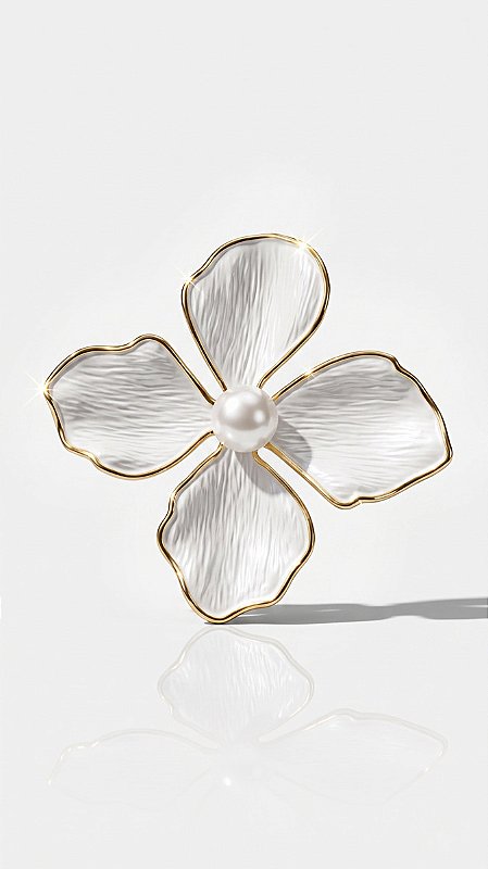 Broche Flor Pintado Resina Branca Miolo Pérola