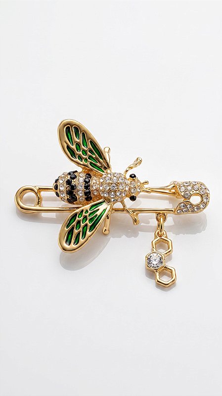 Broche Alfinete Besouro GG Verde Strass Dourado