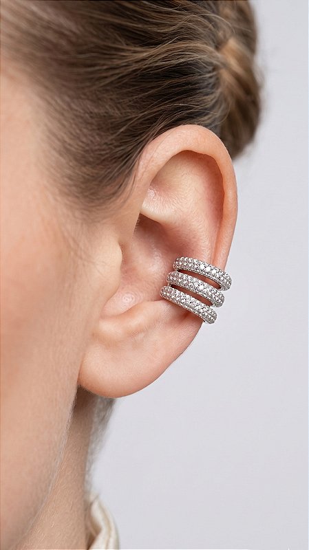 Brinco Ear Cuff Triplo Zircônias Cravejadas Prata