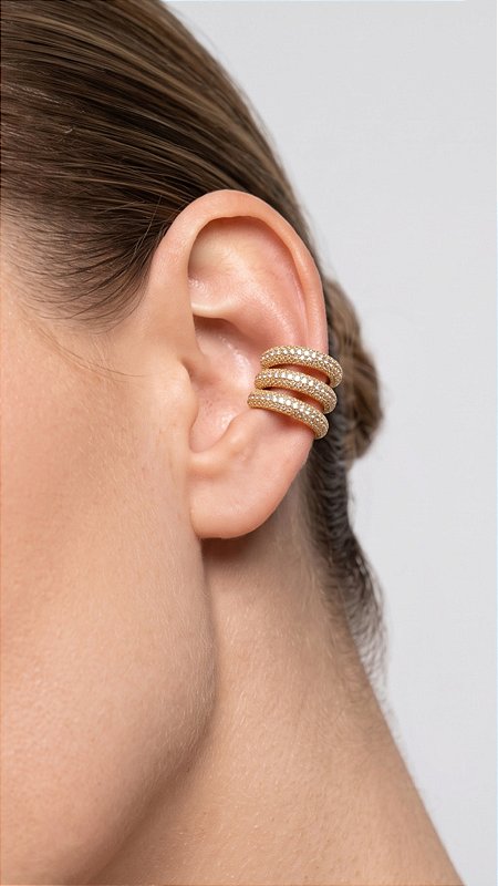 Brinco Ear Cuff Triplo Zircônias Cravejadas Dourado