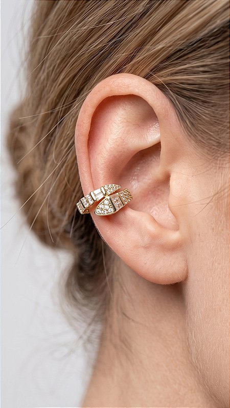Brinco Ear Cuff Serpente BV Cravejado Zircônias Dourado