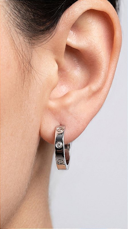 Brinco Argola CT Cravejada Zircônia Prata Aço