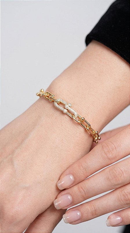 Pulseira Elos Mini Cravejado Zircônias Dourado