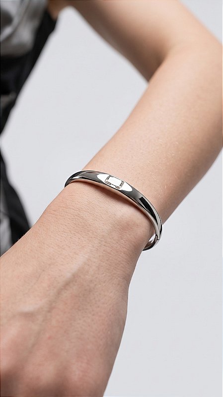 Bracelete Click Chaton Cristal Branco Aço Prata