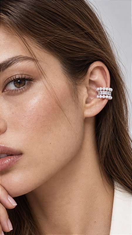 Brinco Piercing Fake Pérola Composê Zircônias Banho Ródio Branco