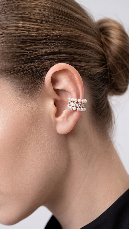 Brinco Ear Cuff Pérola Composê Zircônias Dourado