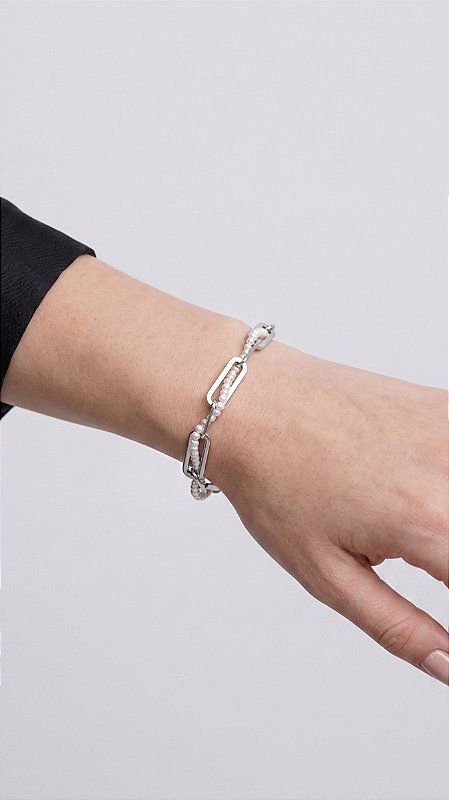 Pulseira Elos Correntaria Composê Pérolas Aço Prata Ajustável