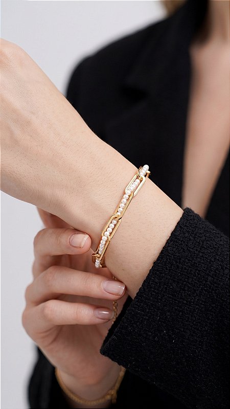 Pulseira Elos Correntaria Composê Pérolas Aço Dourado Ajustável