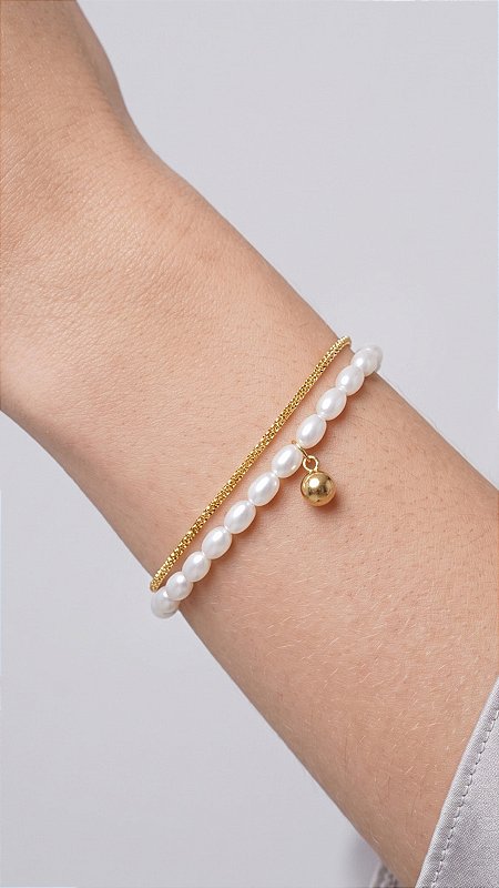 Pulseira Dupla Corrente & Pérolas Aço Dourado Ajustável