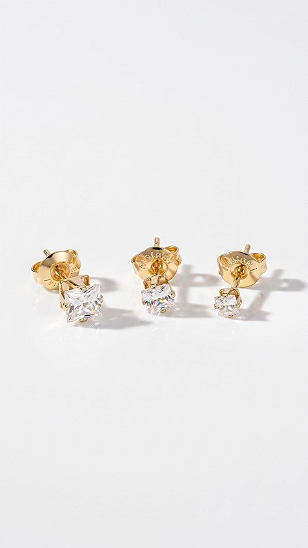 Brinco Trio Quadrado 4 Pontas Zircônias Aço Dourado