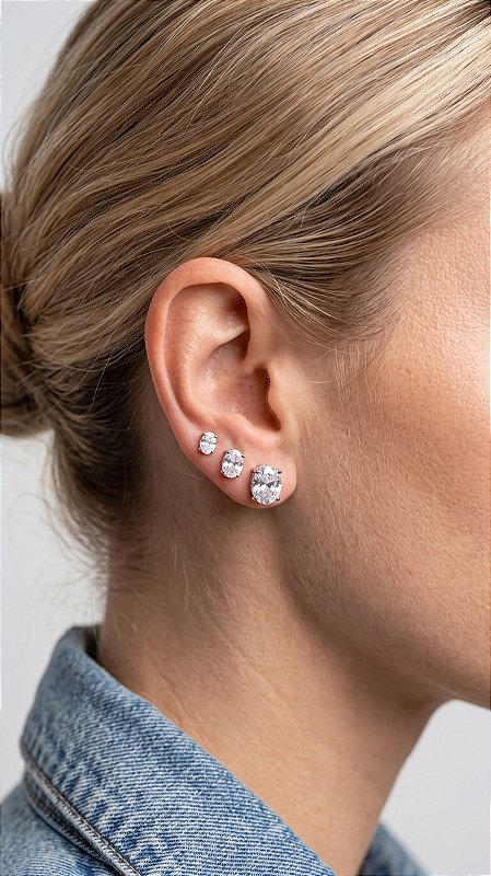 Brinco Trio Oval Zircônia 4 Garras Prata