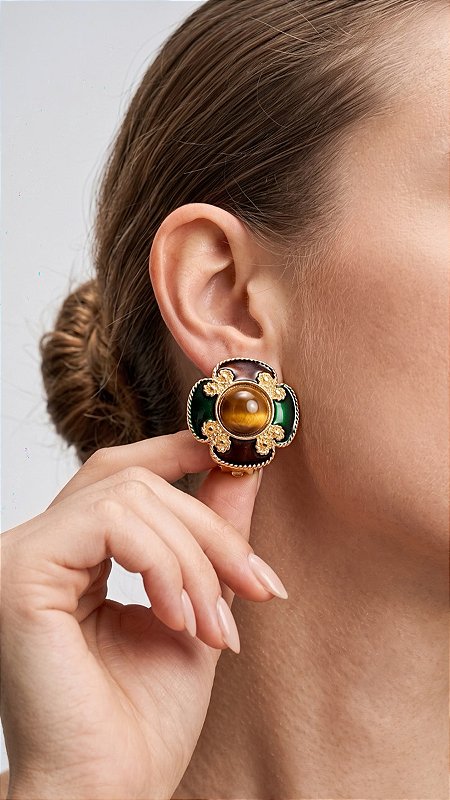 Brinco Esfera Resina Marrom & Verde Dourado