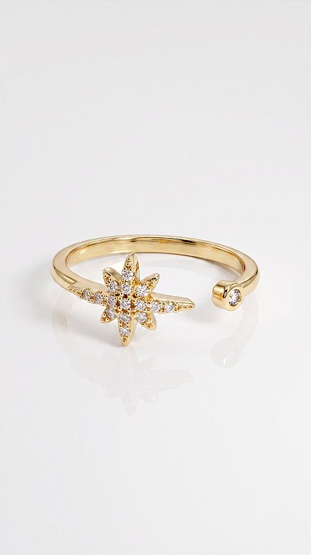 Anel Estrela Canopus Zircônias Cravejadas Dourado Ajustável