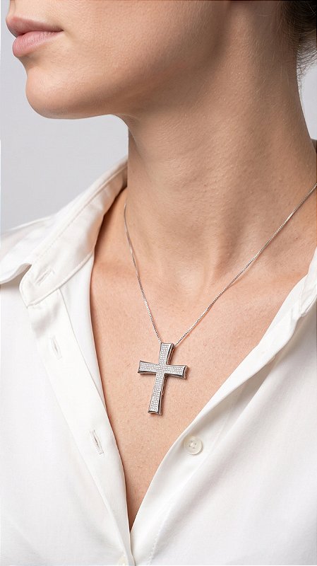 Colar Crucifixo Zircônias Cravejadas Banho Ródio Branco