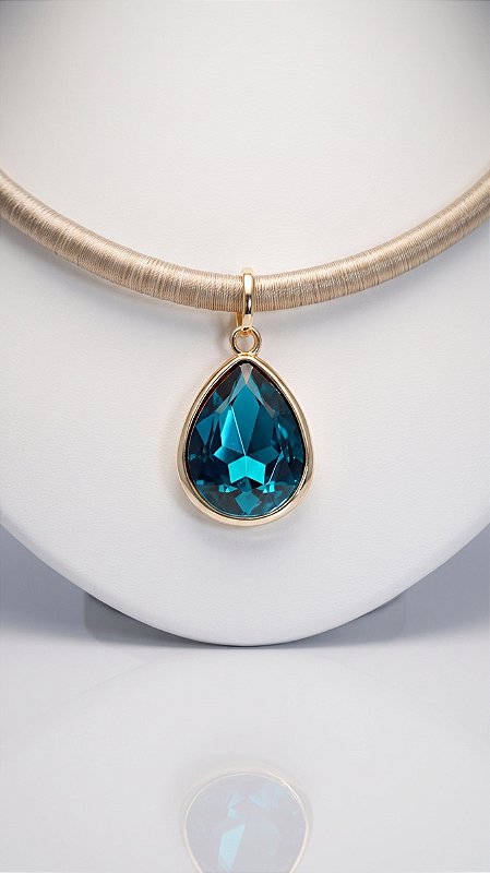 Colar Cordão Encerado Bege Pingente Gota Cristal Turquesa Banho Ouro 18K