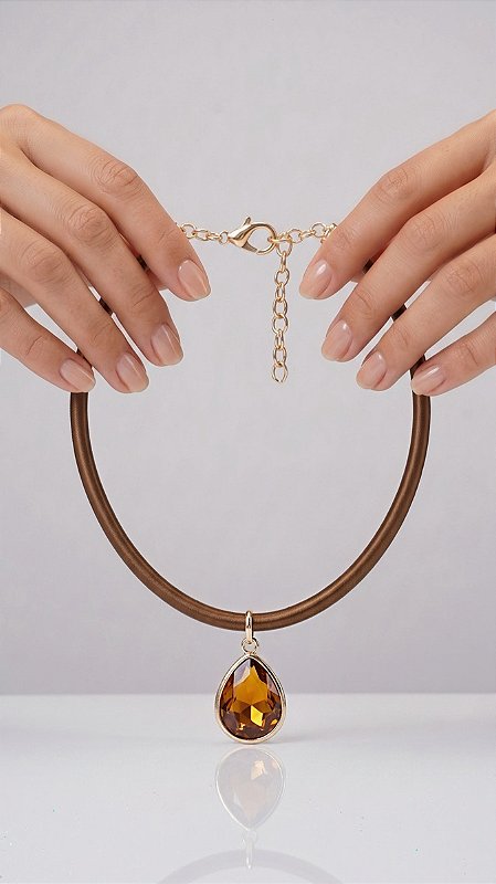 Colar Cordão Encerado Coffe Pingente Gota Cristal Marrom Banho Ouro 18K