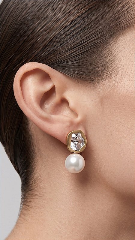 Brinco Pérola Mix Chaton Cristal Banho Ouro 18K Aço