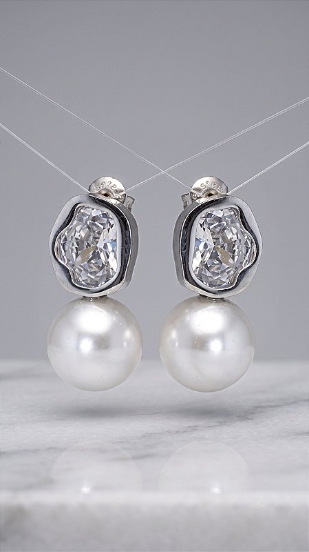 Brinco Pérola Mix Chaton Cristal Banho Ródio Branco Aço