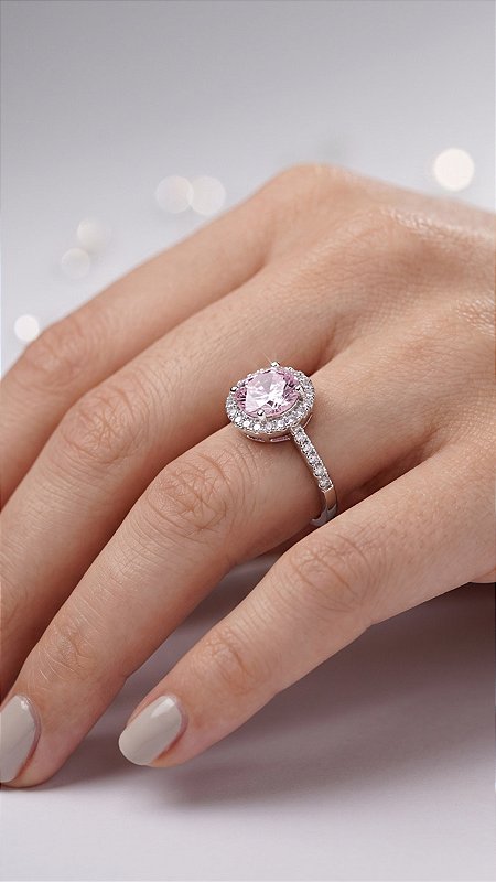 Anel Halo Zircônia Rosa Cravejado Prata Ajustável