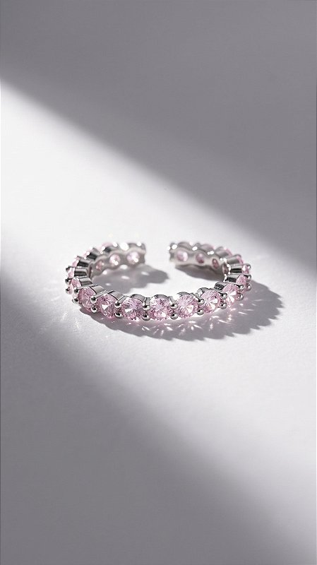 Anel Aliança Riviera Zircônias Rosa Prata Ajustável