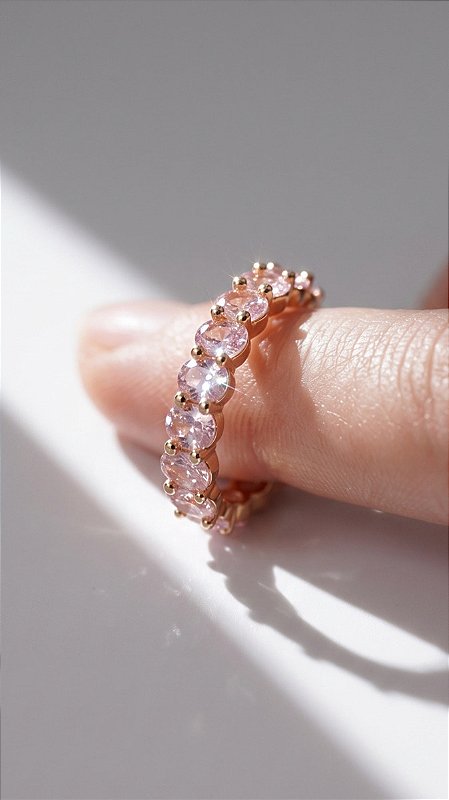 Anel Aliança Riviera Zircônias Rosa Dourado Ajustável