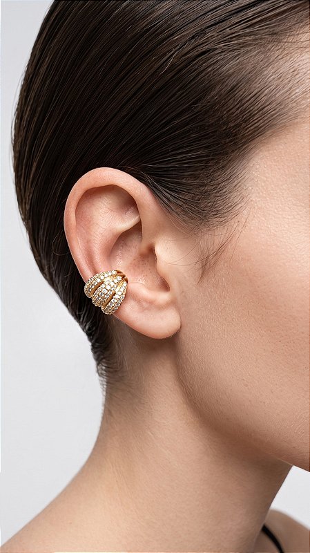 Brinco Piercing Fake Triplo Zircônias Cravejadas Dourado
