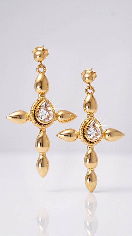 Brinco Pendente Cruz Dolce Orgânica Zircônia Aço Dourado