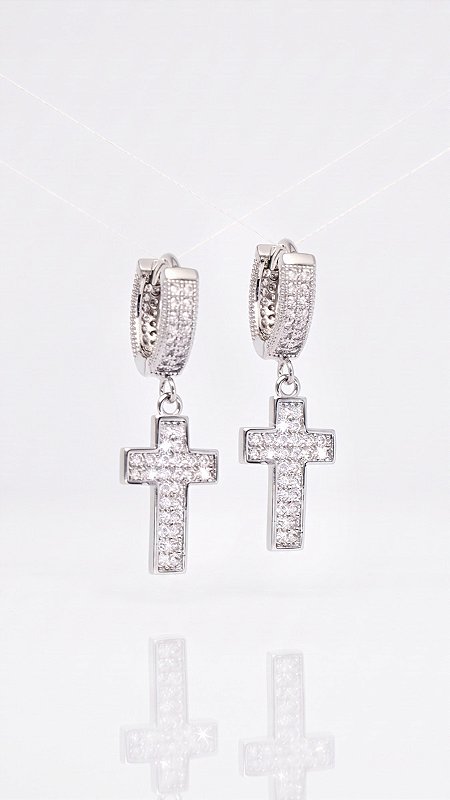 Brinco Argola Pendente Cruz Cravejada Zircônias Prata
