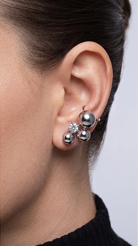 Brinco Esferas Com Pedra Zircônia Ear Cuff Banho Ródio Branco