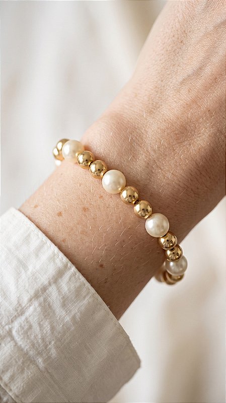 Pulseira Esferas Composê Pérolas Fecho T Banho Ouro 18K