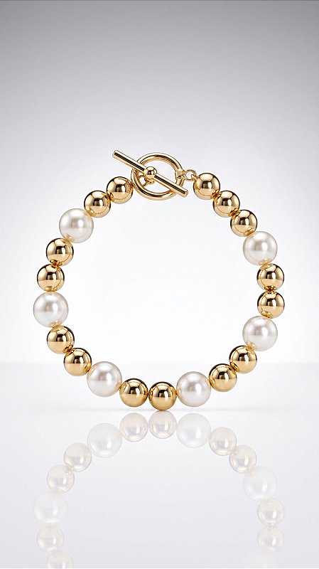 Pulseira Esferas Composê Pérolas Fecho T Banho Ouro 18K