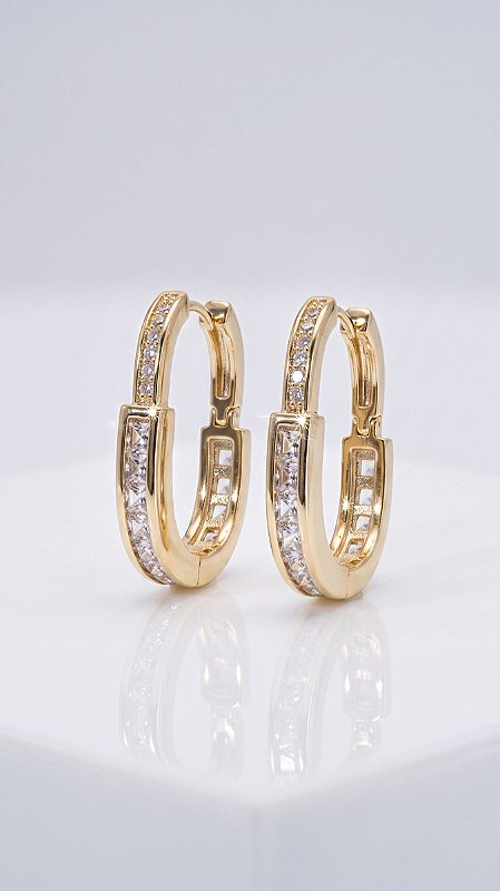 Brinco Argola Cadeado Click Zircônias Cravejadas Banho Ouro 18K