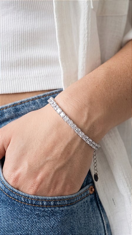 Pulseira Riviera Quadrada Zircônias Banho Ródio Aço
