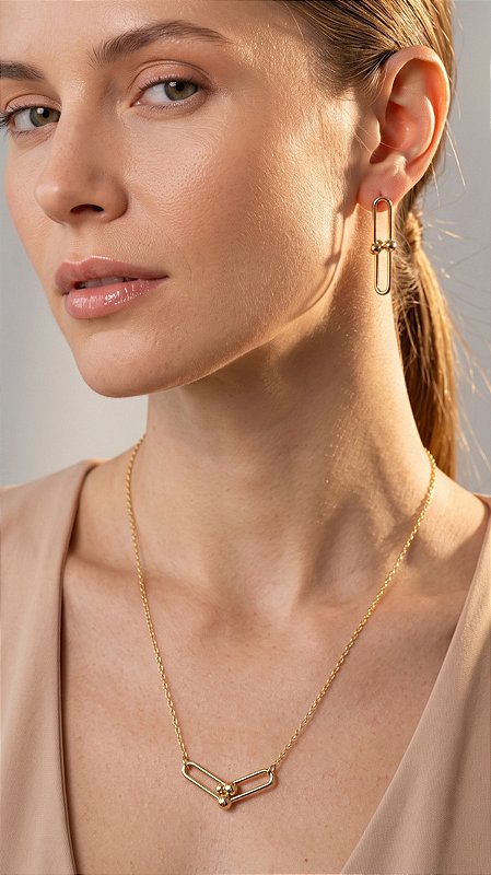 Conjunto Colar e Brincos Elos Slim Banho Ouro 18K