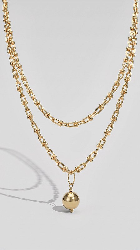Colar Elos Alongado Esfera 2 em 1 Banho Ouro 18K