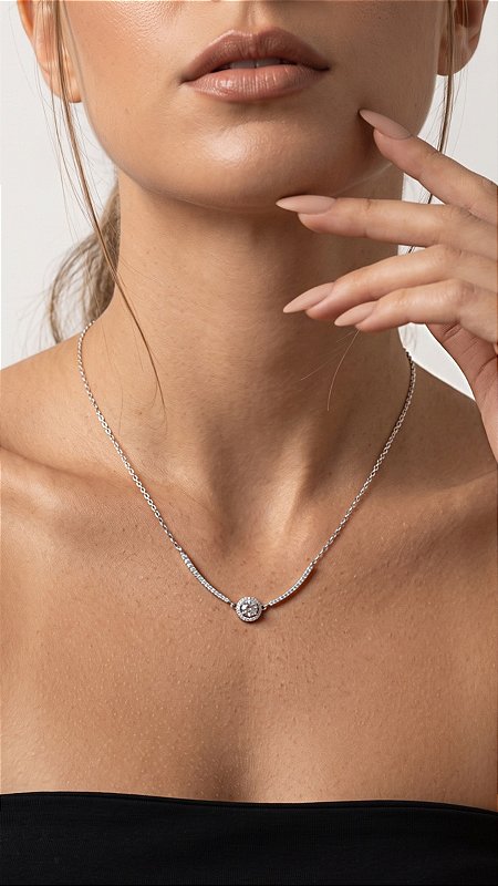 Colar Ponto de Luz Halo Zircônia Prata 925 Ajustável