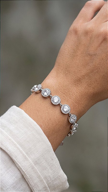 Pulseira Ponto de Luz Halo Cravejado Zircônias Banho Ródio Branco Aço