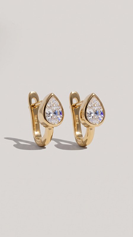Brinco Mini Argola Click Pedra Moissanite Gota Prata 925 Banho Ouro 18K
