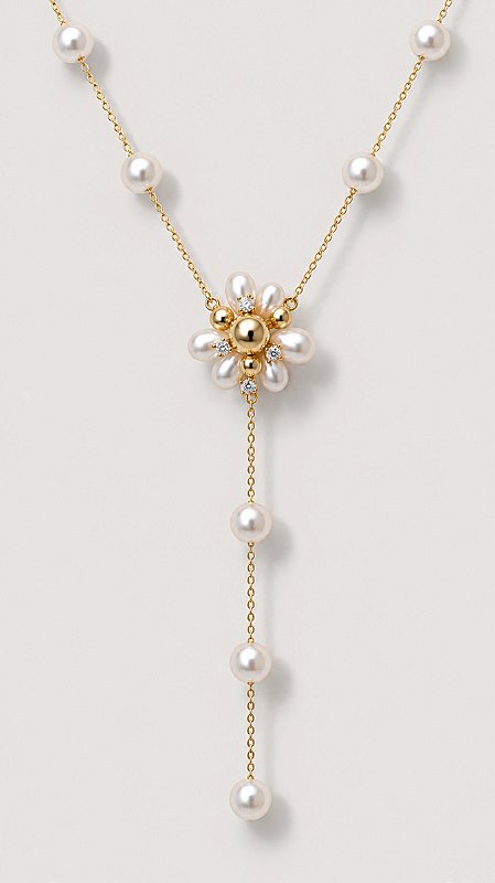Colar Pérolas Shell Pingente Flor Zircônias Banho Ouro 18K
