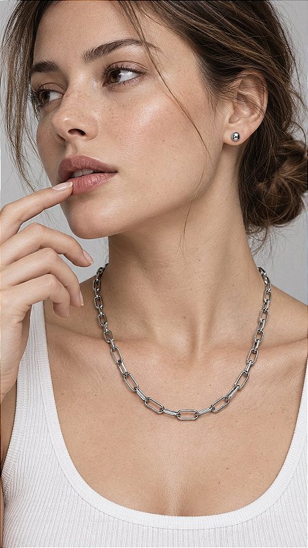 Conjunto Correntaria CT Banho Ródio Branco Aço