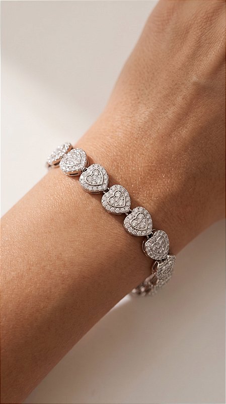 Pulseira Zircônia Coração Cravejada Banho Ródio Branco