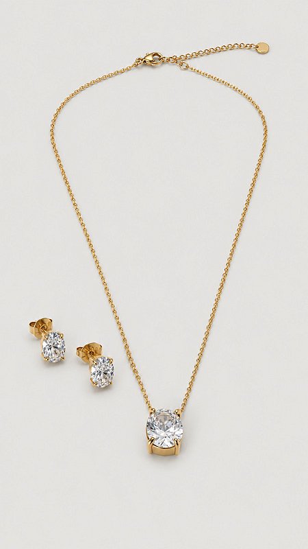 Conjunto Ponto de Luz Zircônia Banho Ouro 18K Aço