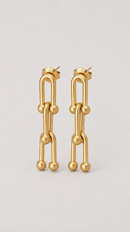 Brinco Elos Pendurados Escovado Banho Ouro 18K Aço