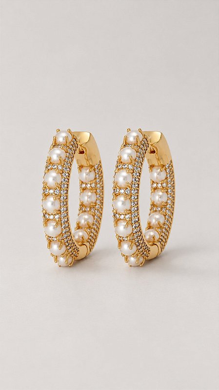 Brinco Argola Pérolas Click Banho Ouro 18K