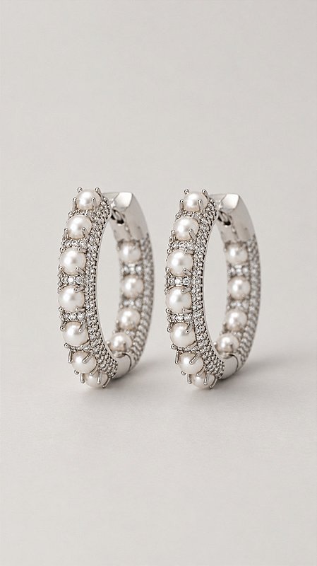Brinco Argola Pérolas Click Banho Ródio Branco