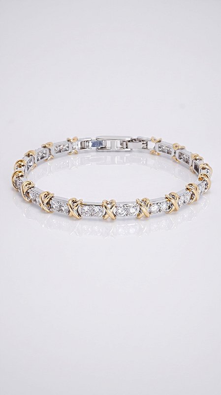 Pulseira Duo X Pedras Zircônias Banho Ródio Branco e Ouro 18K